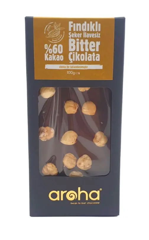 Aroha Çikolata Stevialı Fındıklı %60 Bitter 100g