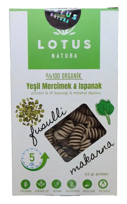 Lotus Organik Glütensiz Yeşil Mercimek Ispanak Fusilli Makarna 200g